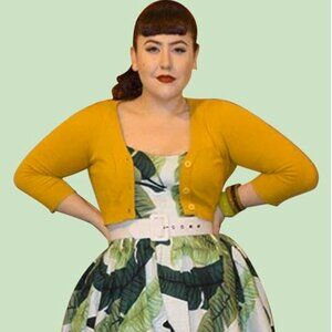 Medium New Mustard Retro Cropped 3/4 Sleeve Mak Cardigan ModCloth